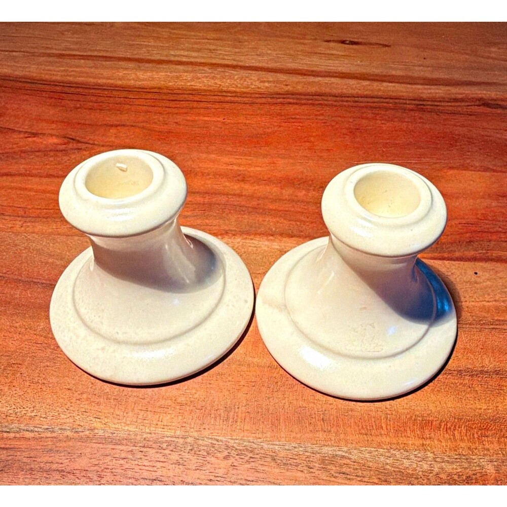 Set of 2 White Ceramic Vintage Red Wing Rumrill 554 Candlesticks Round Base